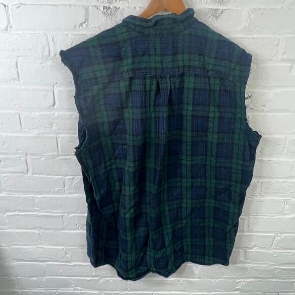 Garnet Hill Men's Plaid Button-Up Shirt Sleeveless Collared Green Black Size M - Picture 2 of 4